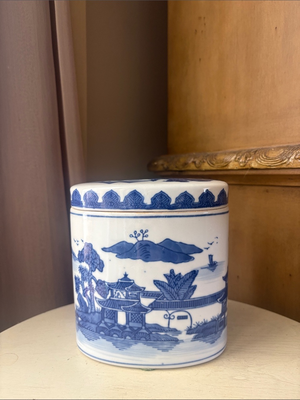 Vintage Bombay Blue White Oval Trinket Box with Asian Pattern and Lid